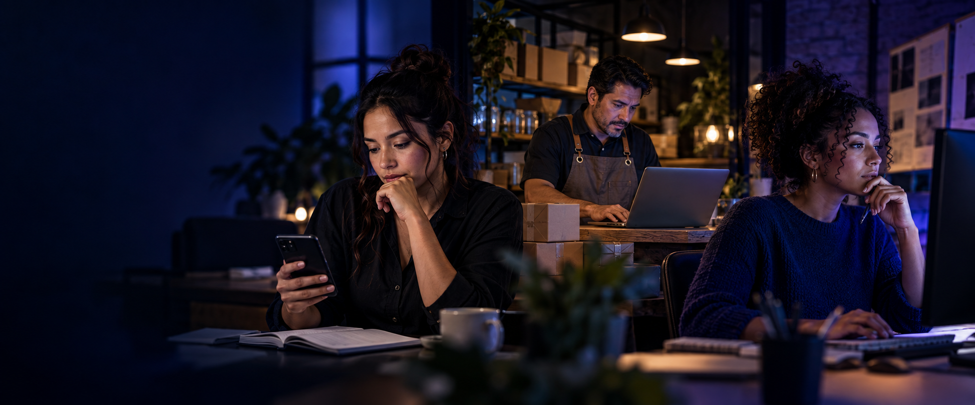 Personas reales trabajando en sus negocios y revisando sus procesos de venta